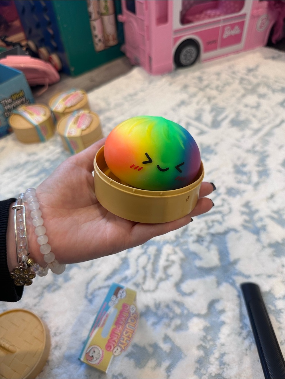 Rainbow Squishy Kawaii Face in Tan Round Case